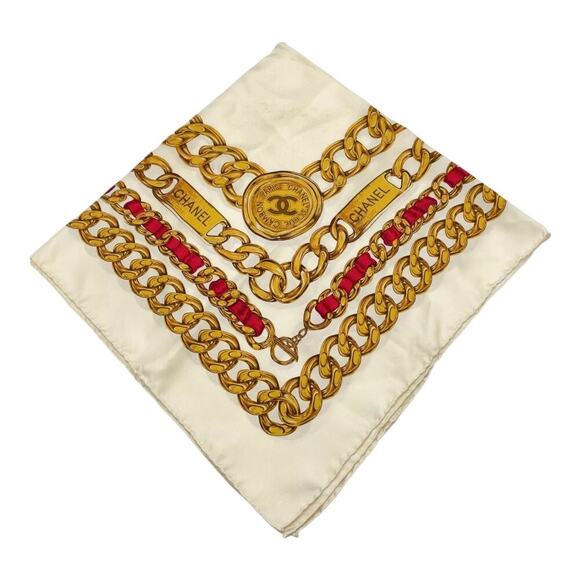 CHANEL Coco Mark Ivory x Multicolor Chain Pattern Square Silk Scarf /W Box - Picture 5 of 11